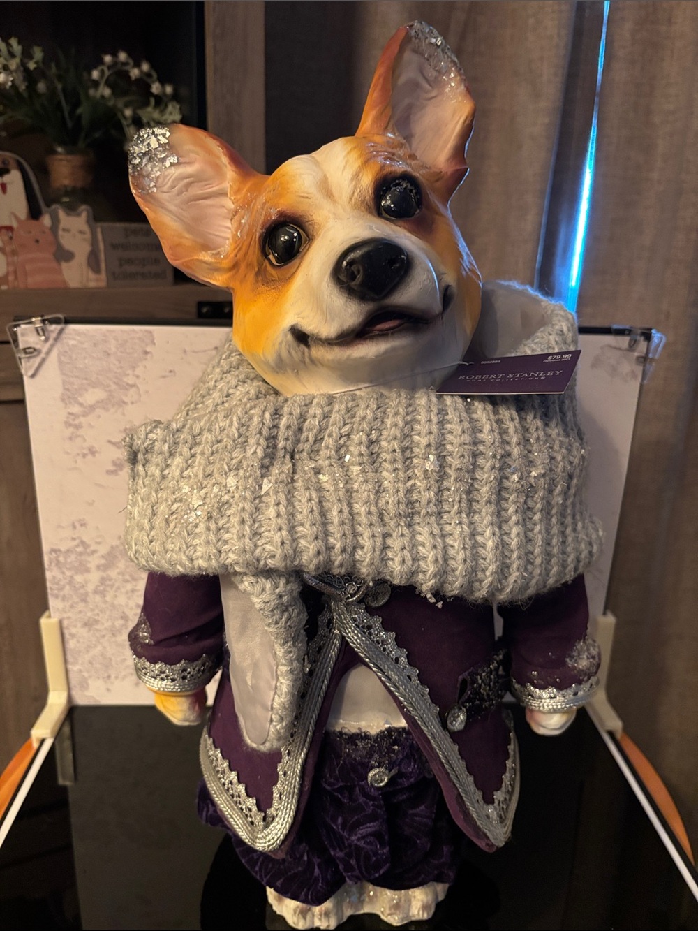 Corgi Dog Figurine Coat in Purple and Gray – Decorative Pet Outfit